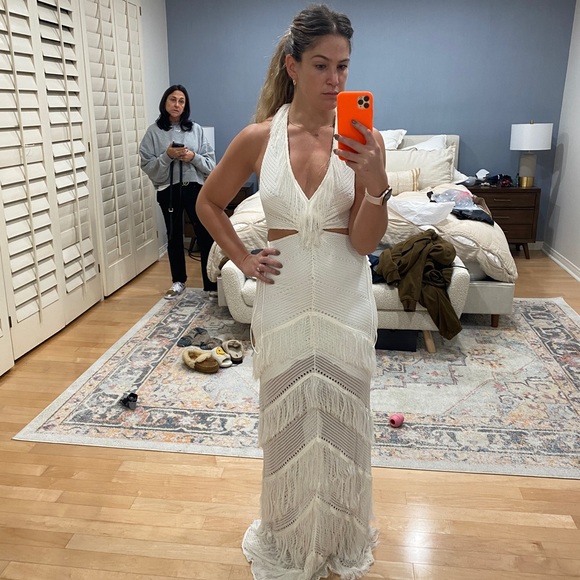 $2100 Raisa Vanessa Women's ivory Halter Neck Fringe Maxi Dress Size FR 38/ US 6 - Picture 3 of 5